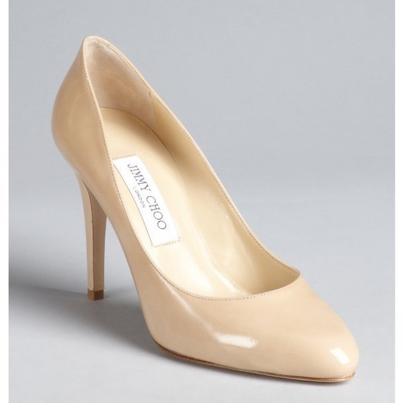 Nude Patent Leather Tapered Round Toe Vikki Pumps - Picture 2 of 13